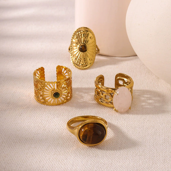 Wholesale Retro Style Opening Adjustable Ring In Stainless Steel With 18K Furnace Vacuum Plated Geometric Pattern And Inlaid Natural Tiger Eye Stone