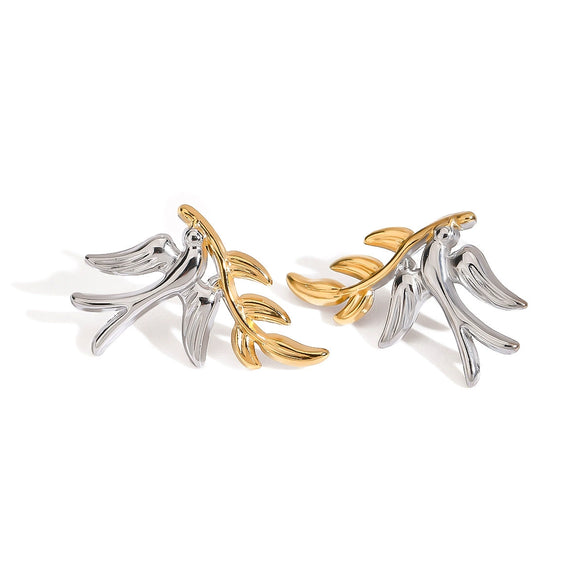 Wholesale Retro Style Stainless Steel Gold And Silver Color Matching Leaf Earrings