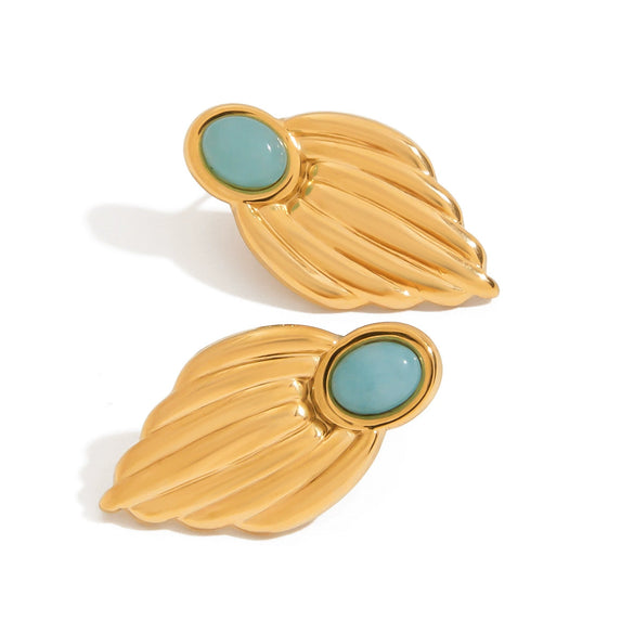 Wholesale Retro Style Stainless Steel Leaf Earrings With Blue Stone
