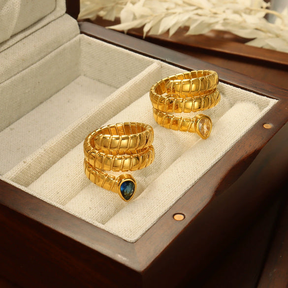 Wholesale Retro Style 316L Stainless Steel Gold Plated Open Ring With Dropshaped Zircon And Geometric Pattern For Women