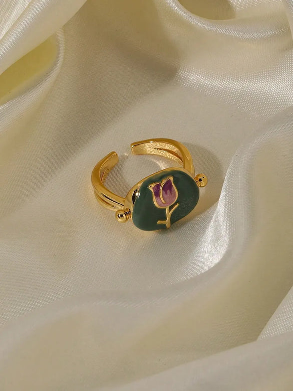 Wholesale Retro Sweet Rose Copper Enamel 18K Gold Plated Open Rings