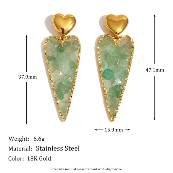 Wholesale Retro Temperament Heart Shape Stainless Steel 18K Gold Plated Women's Earrings With Green Gravel