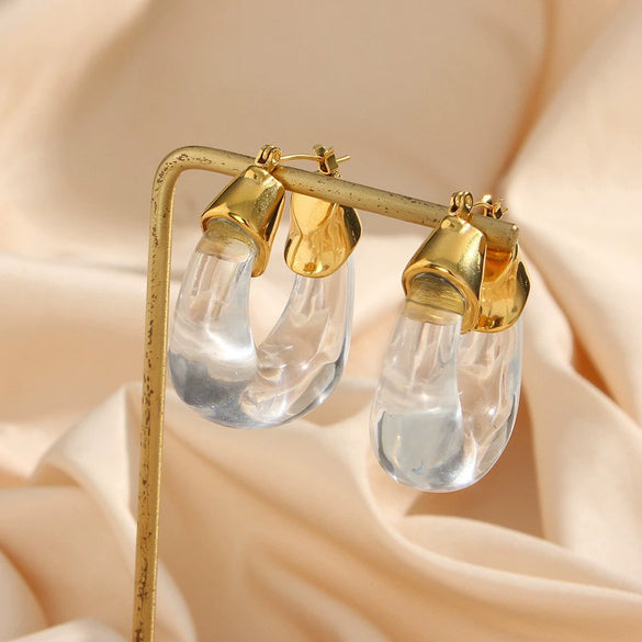 Wholesale Retro Titanium Steel U Shaped Exaggerated Hoop Earrings For Women 18K Gold Plated Stainless Steel And Acrylic Geometric Style Electroplated