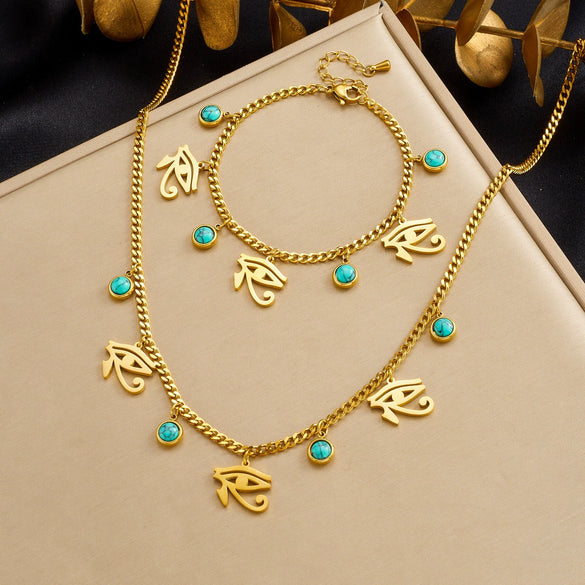 Wholesale Retro Turquoise Eye Stainless Steel Goldplated Jewelry Set For Women