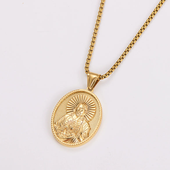 Wholesale Retro Unique Geometric Powder Cast Jesus Sacred Heart Pendant Necklace