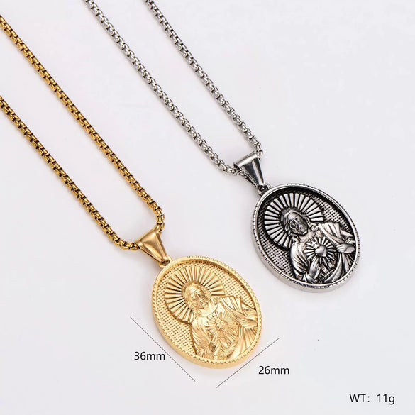 Wholesale Retro Unique Geometric Powder Cast Jesus Sacred Heart Pendant Necklace