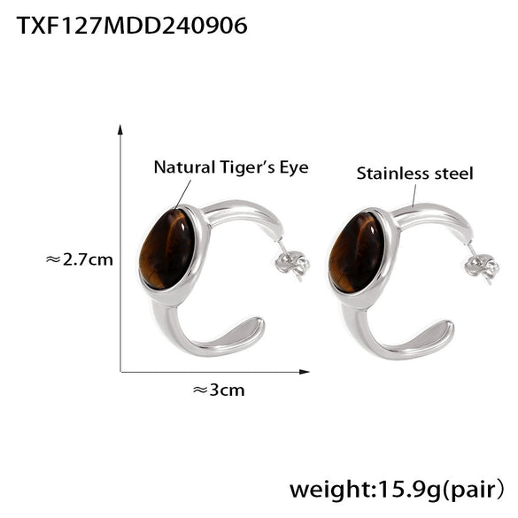 Wholesale Retro Vintage Style C Shaped Earrings With Opening Ring In Natural Tiger Eye Stone And Stainless Steel Pvd Electroplated For Women