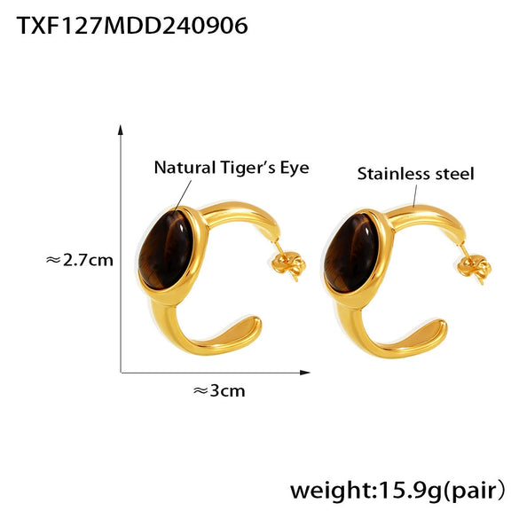 Wholesale Retro Vintage Style C Shaped Earrings With Opening Ring In Natural Tiger Eye Stone And Stainless Steel Pvd Electroplated For Women