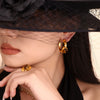 Wholesale Retro Vintage Style C Shaped Earrings With Opening Ring In Natural Tiger Eye Stone And Stainless Steel Pvd Electroplated For Women
