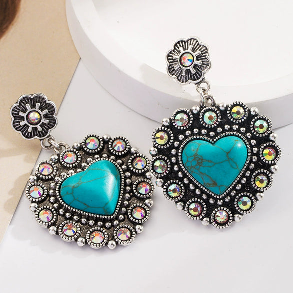 Wholesale Retro Vintage Style Heart Shape Alloy Turquoise Set Earrings For Women