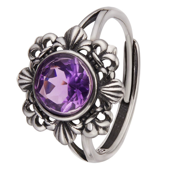 Wholesale Retro Women's S925 Sterling Silver Ring With Cut Out Flower Pattern Inlaid With Natural Jasper Topaz Gemstone