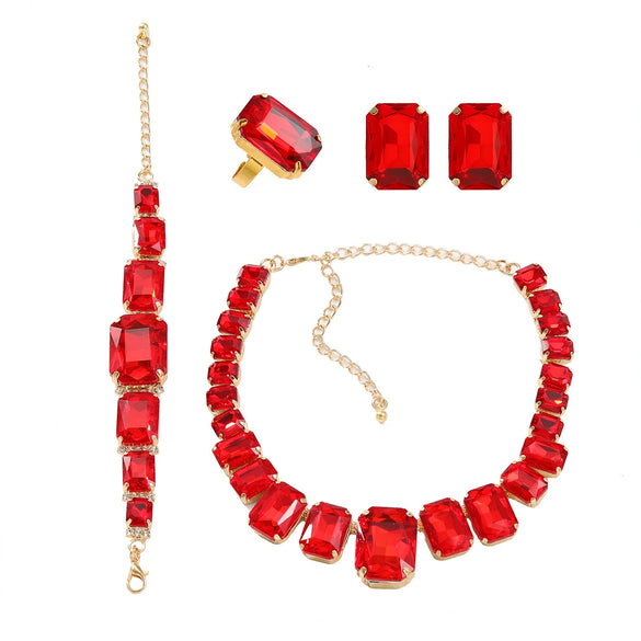 Wholesale Rhinestone Jewelry Exaggerated Geometric Inlay Square Necklace Earrings Bracelet Set For Women