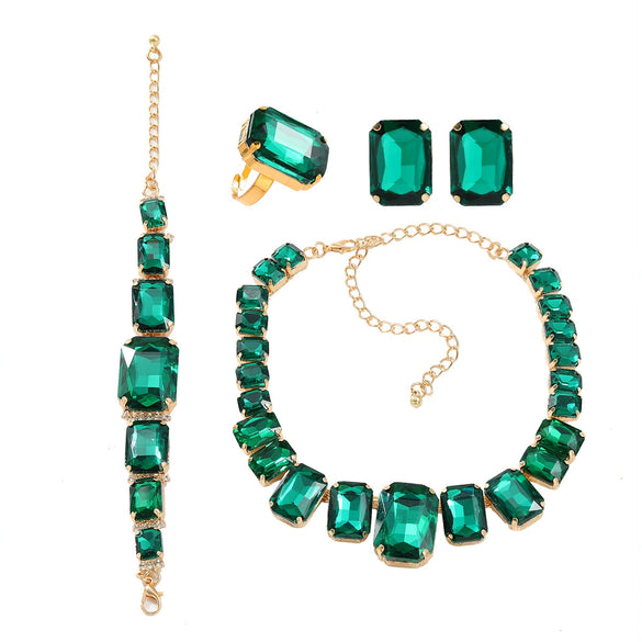 Wholesale Rhinestone Jewelry Exaggerated Geometric Inlay Square Necklace Earrings Bracelet Set For Women