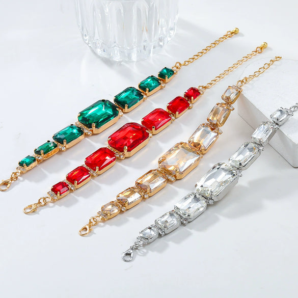 Wholesale Rhinestone Jewelry Exaggerated Geometric Inlay Square Necklace Earrings Bracelet Set For Women