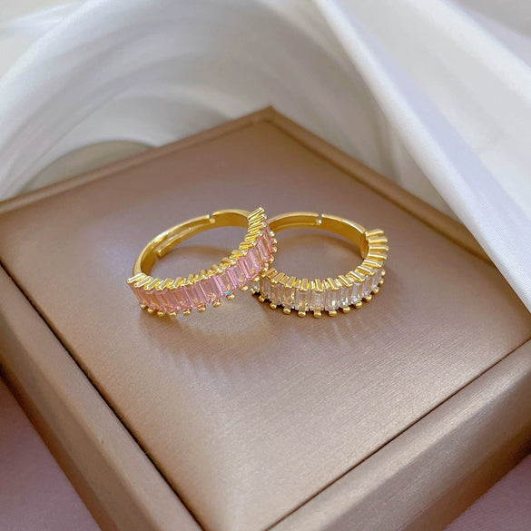 Wholesale Ring Brass Geometric Rectangular Opening With The Crown Pattern Zircon Inlay For Women