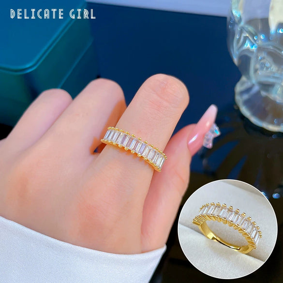 Wholesale Ring Brass Geometric Rectangular Opening With The Crown Pattern Zircon Inlay For Women