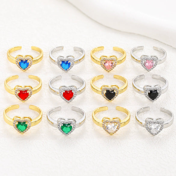 Wholesale Ring Brass Goldplated Heart Shape Imitation Sapphire Diamond Electroplated Fashion Simple Cute Women's