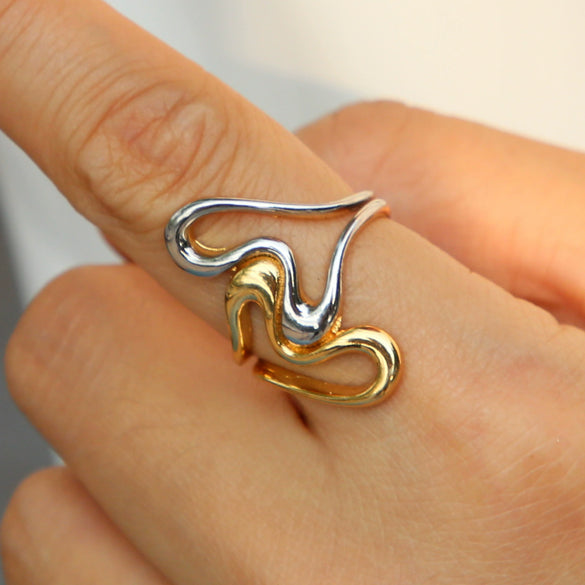 Wholesale Ring Brass Twotone Gold And Silver Colorblocking Heartshaped And Flowerpatterned Electroplated For Women