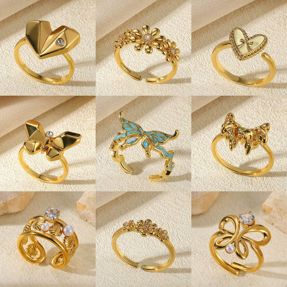 Wholesale Ring Copper Butterfly Flower Heart Shape Bow Tie Electroplated Simple Fashion Light Luxury