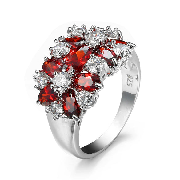 Wholesale Ring Copper Flower Design Electroplating Ruby Zircon