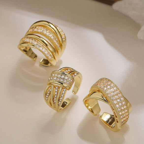 Wholesale Ring Copper Geometric Micropaved Opening Female Light Luxury Twocolor Electroplated