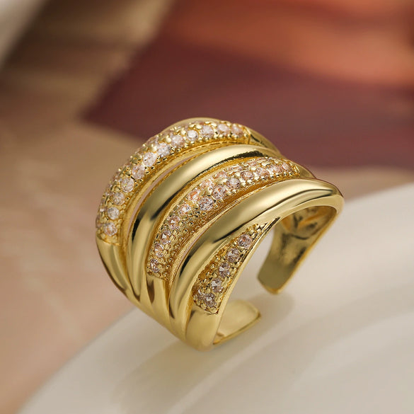 Wholesale Ring Copper Geometric Micropaved Opening Female Light Luxury Twocolor Electroplated