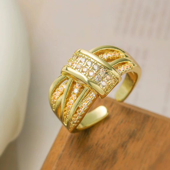 Wholesale Ring Copper Geometric Micropaved Opening Female Light Luxury Twocolor Electroplated