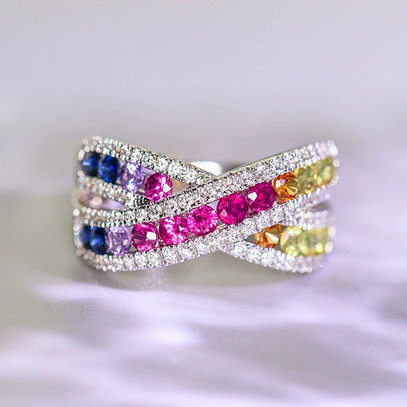 Wholesale Ring Copper Geometric Round Rainbow Bow Zircon Design Light Luxury Creative For Women
