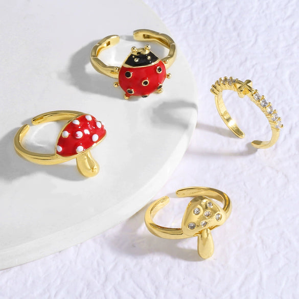 Wholesale Ring Copper Gold Plated Oil Dripping Mushroom Insect Style Unisex