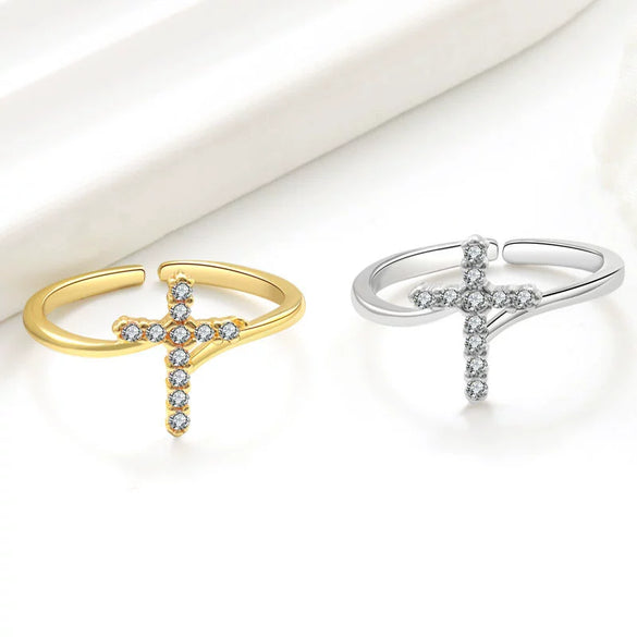 Wholesale Ring Copper 18K Gold Electroplated Microinlaid Zircon Geometric Cross Female Jewelry