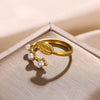 Wholesale Ring Copper Stainless Steel Titanium Steel Imitation Pearl Zircon Leaves Open Electroplating For Women