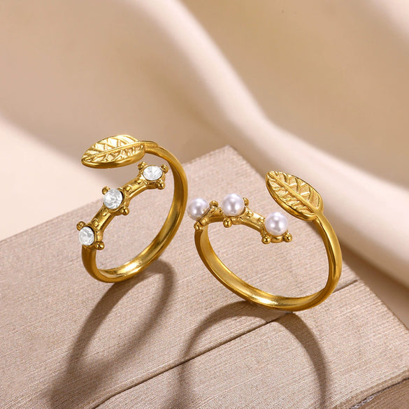 Wholesale Ring Copper Stainless Steel Titanium Steel Imitation Pearl Zircon Leaves Open Electroplating For Women