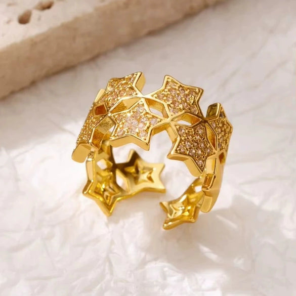 Wholesale Ring Copper Zircon Star Multilayer Cut Out 18K Goldplated For Women