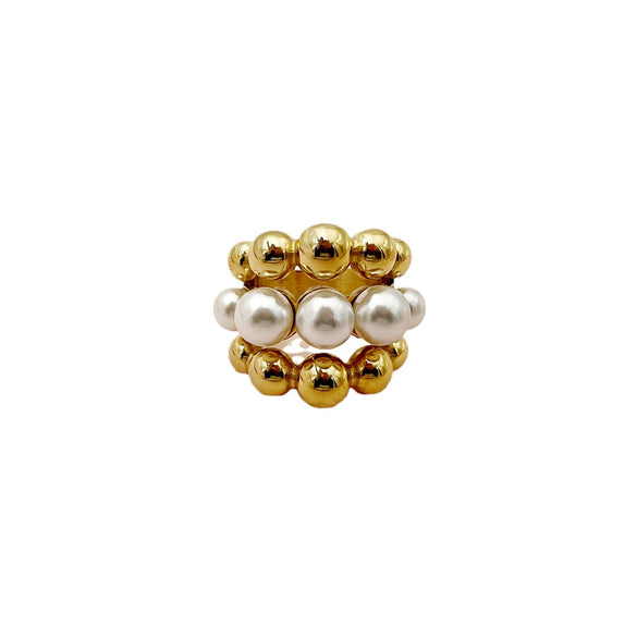 Wholesale Ring French Retro Style Natural Pearl Gold Beads Stainless Steel Electroplating