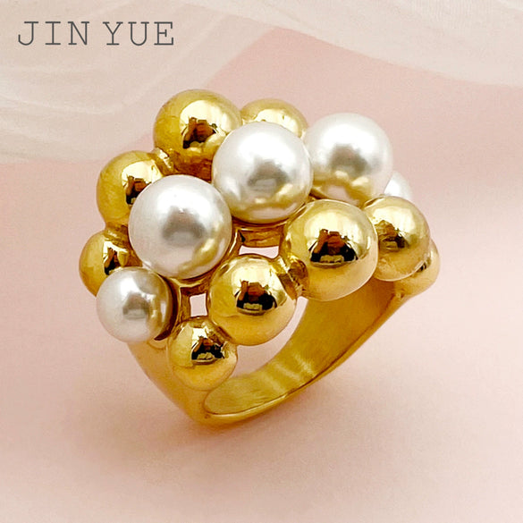 Wholesale Ring French Retro Style Natural Pearl Gold Beads Stainless Steel Electroplating