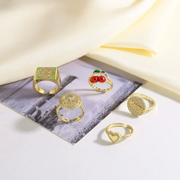 Wholesale Ring Fruit Cherry Love Open Style Copper Electroplated Heart Shape