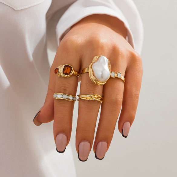 Wholesale Ring Imitation Pearl Geometric Flower Liquid Lava Open Baroque Ins Style Electroplated