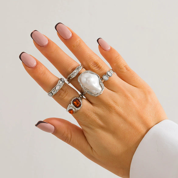 Wholesale Ring Imitation Pearl Geometric Flower Liquid Lava Open Baroque Ins Style Electroplated
