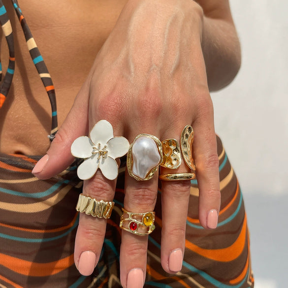 Wholesale Ring Imitation Pearl Geometric Flower Liquid Lava Open Baroque Ins Style Electroplated