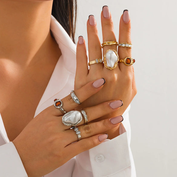 Wholesale Ring Imitation Pearl Geometric Flower Liquid Lava Open Baroque Ins Style Electroplated