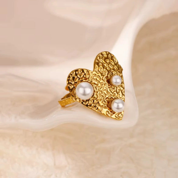 Wholesale Ring Imitation Pearl Stainless Steel Heartshaped Geometric Retro Simple Inlay Electroplated For Women