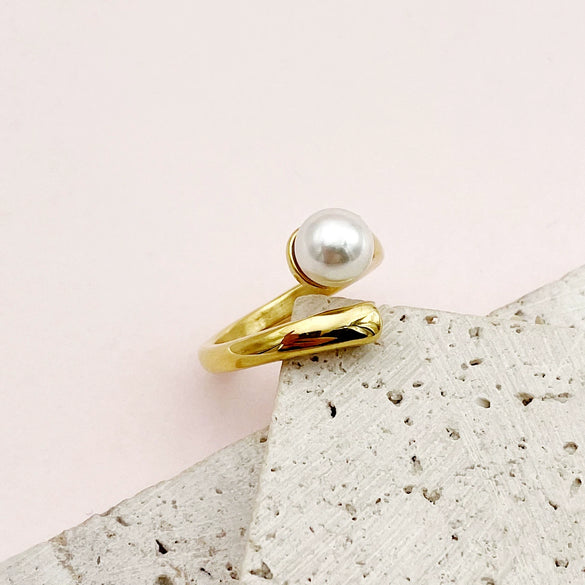 Wholesale Ring Pearl Doubleheaded Stainless Steel Goldplated French Classical Art Style