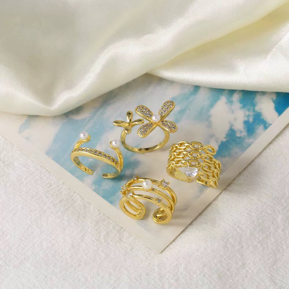 Wholesale Ring Pearl Flower Double Layer Copper 18K Gold Plated Geometric Minimalist Style