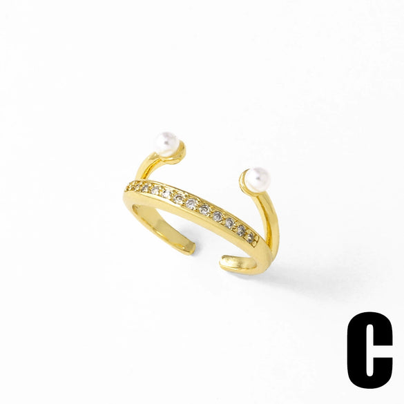 Wholesale Ring Pearl Flower Double Layer Copper 18K Gold Plated Geometric Minimalist Style