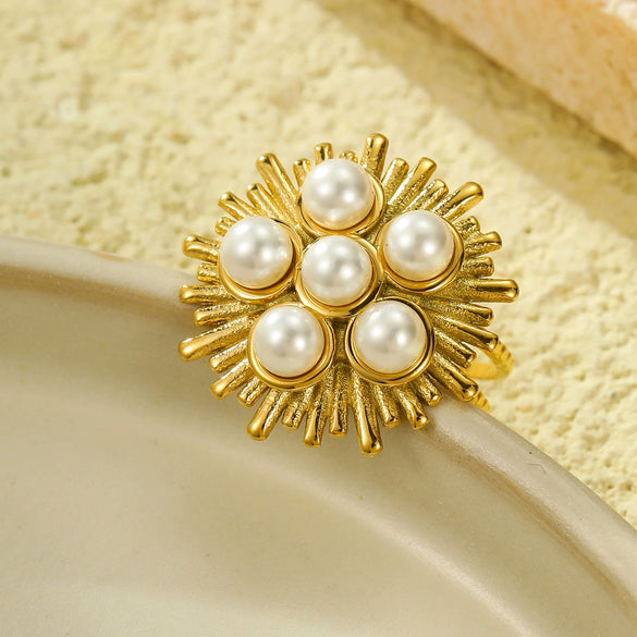 Wholesale Ring Retro Asymmetrical Line Pearl Style Stainless Steel 18K Gold Plated