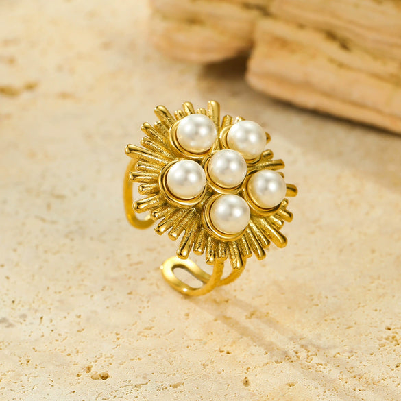 Wholesale Ring Retro Asymmetrical Line Pearl Style Stainless Steel 18K Gold Plated