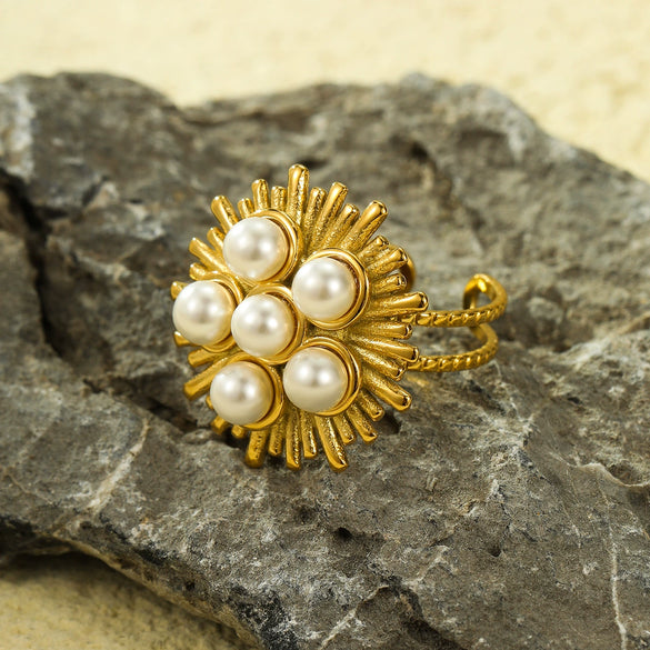 Wholesale Ring Retro Asymmetrical Line Pearl Style Stainless Steel 18K Gold Plated