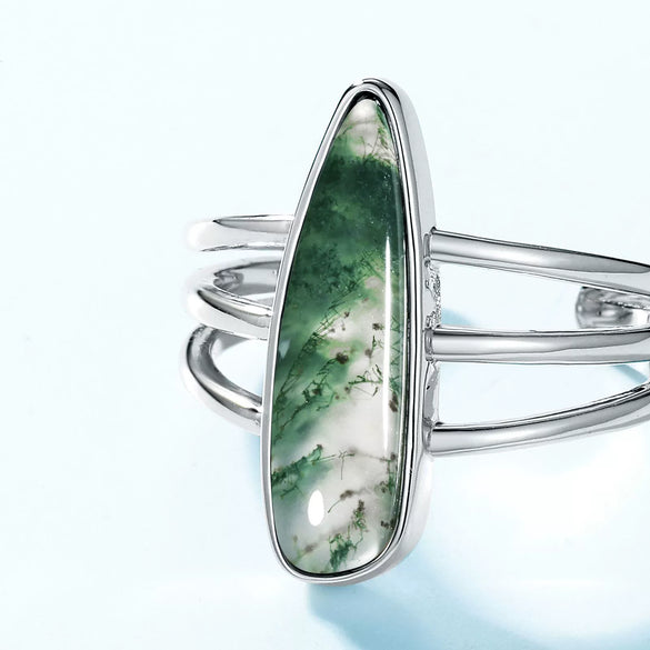 Wholesale Ring S925 Silver Inlaid Water Grass Agate Geometric Retro Style Set With Diamonds For Women