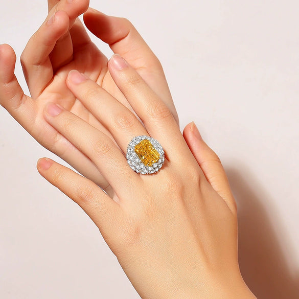 Wholesale Ring S925 Silver Luxury Yellow Diamond Rectangular Full Diamond High Carbon Diamond Zircon Raideon Cutting Women's Geometric Style