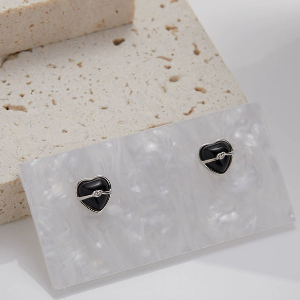Wholesale Ring S925 Sterling Silver Inlaid Natural Black Agate Heart Shaped Original Design